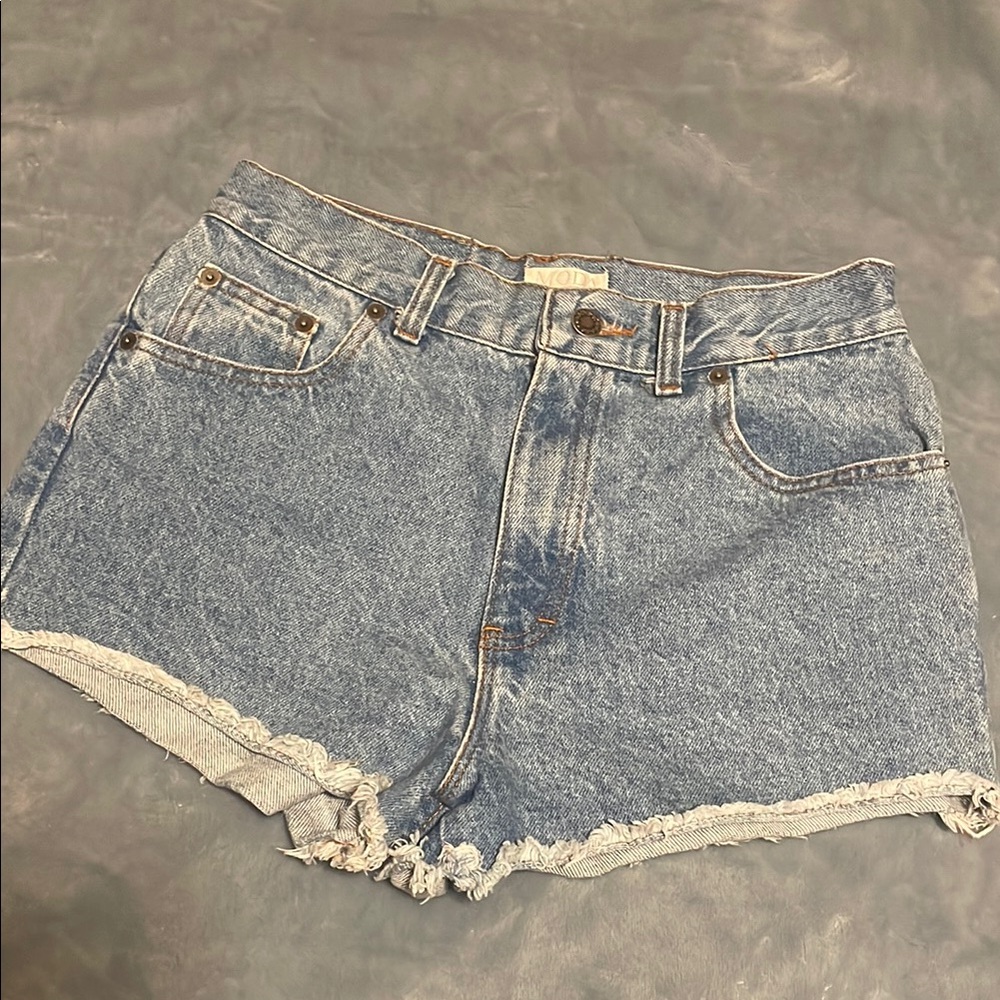 Blue Jean Shorts with Distressed Hem and High Waist